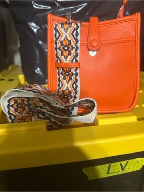 Orange Crossbody Bag with Patterned Guitar Strap